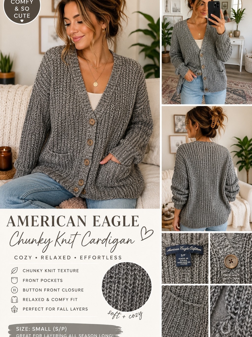 🩶✨American Eagle Chunky Knit Cardigan Sweater S/P